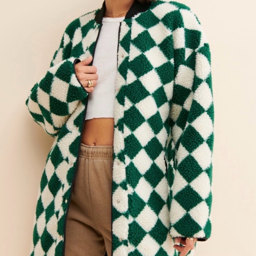 Checkerboard Sherpa Jacket in Green and White